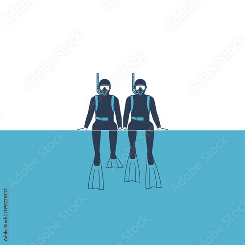 Two divers sitting on the edge of the water, ready to dive
