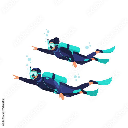 Two divers swimming underwater with scuba gear and fins, blue and black suits