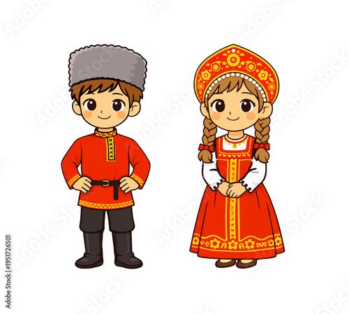 Cute Russian kids in national costume with sarafan and tunic cartoon boy and girl characters.
