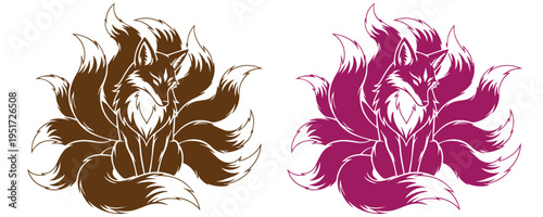 Nine Tailed Fox Vector Illustration - Kitsune Japanese Mythology Spirit Animal Design