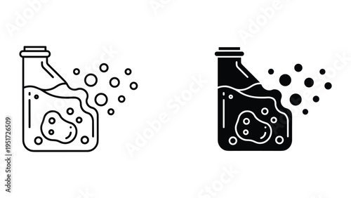 Science Experiment Icon: Bubbling Liquid in Flask with Substance and Bubbles - Line Art and Solid Fill