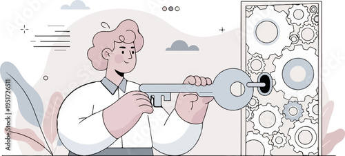 Person uses key to unlock complex gear mechanism