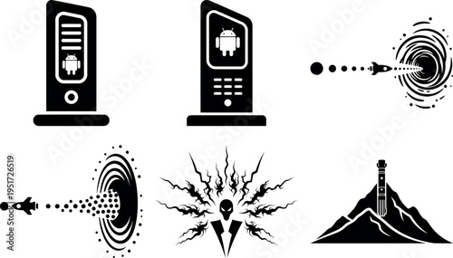 Modern technology and futuristic symbols collection with android robot icons