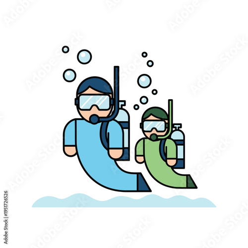 Two divers underwater, one adult and one child, exploring the ocean depths.