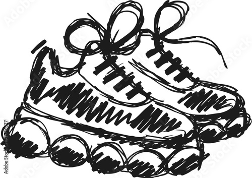Hand drawn sneakers with detailed soles and laces, casual footwear sketch, artistic black ink drawing