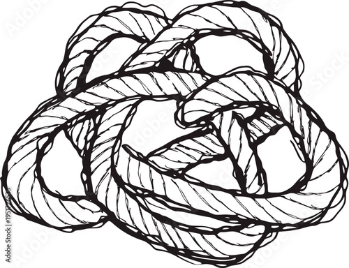 Intricate knot made from thick rope strands, detailed hand drawn line art illustration