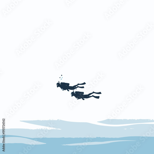 Two scuba divers swimming underwater in clear blue ocean water with light blue waves