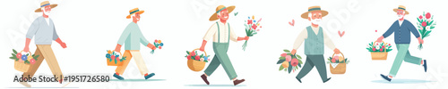 vector of grandfather walking carrying a basket of flowers in spring
