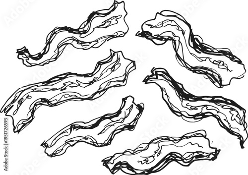 Six hand drawn bacon strips sketch savory breakfast meat illustration in black and white line art