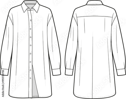 Women long sleeve shirt dress technical fashion flat front and back button down casual tunic cad drawing flat vector illustration