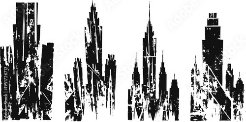 abstract black and white grunge city skyline silhouettes with textured distressed effects