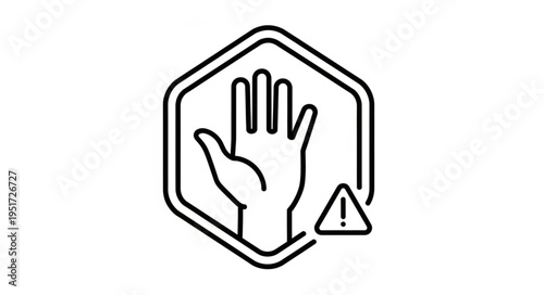 Stop hand icon with warning sign and hexagon frame.