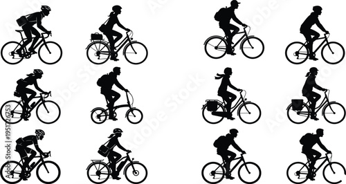 Silhouettes of diverse cyclists riding bicycles in various commuting and recreational styles, showcasing helmets, bags, and accessories