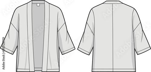 Women loose open front cardigan technical fashion sketch front and back view vector clothing design