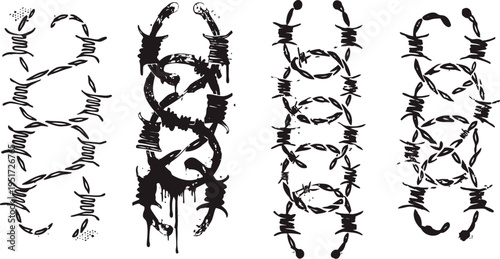 Barbed wire designs in grunge various black silhouettes of twisted sharp metal fences for security and danger concept