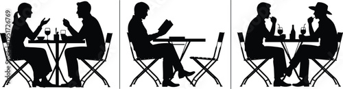 People sitting at cafe table silhouette vector set with couples dining, man reading book, and friends drinking wine at restaurant.