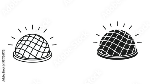 Grid Globe Icon with Light Rays - Outline and Solid Fill - Vector Illustration