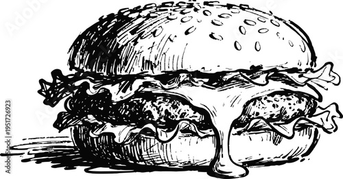 illustration of a cheeseburger with lettuce and dripping melted cheese on a sesame seed bun
