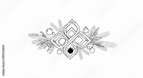 Ornate, monochromatic symmetrical design of evergreen branches, baubles, and berries
