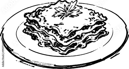 Lasagna on a plate with garnish, layered pasta baked italian cuisine dish illustration