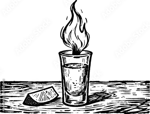 Hand drawn flaming shot glass with lemon wedge on table, wooden surface illustration