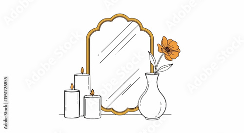 Ornate mirror reflects a vase with an orange flower and lit candles