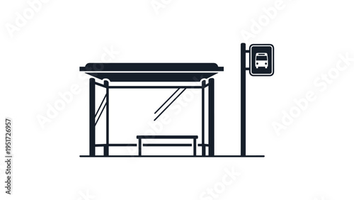 Clean black and white icon showing the side view of a simple bus stop shelter with a bench and a signpost with a bus symbol.