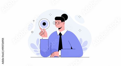 Person in formal attire examines a glowing orb with a keen eye