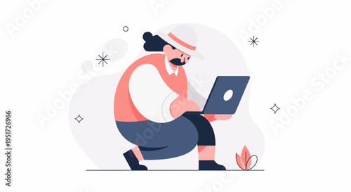 Person in hat crouches, focused on laptop, abstract shapes, small plant