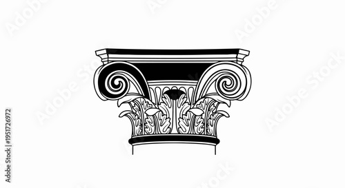 Ornate Ionic column capital, black and white line drawing