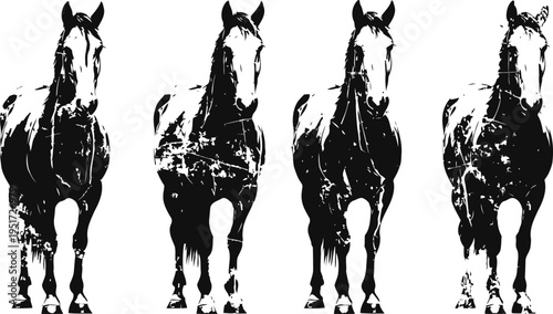 four black and white horse silhouettes with distressed vintage texture and detailed features