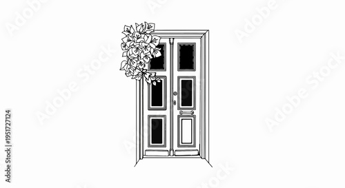 Ornate double doors with blooming flowers cascading over the top left