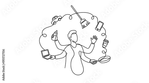 Parent with Three Hands Juggling Tasks Continuous Single Line Minimalist Multitasking Parent Line Art Illustration