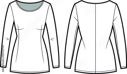 Women long sleeve fitted top template, casual blouse front and back technical fashion drawing – cad drawing flat vector illustration