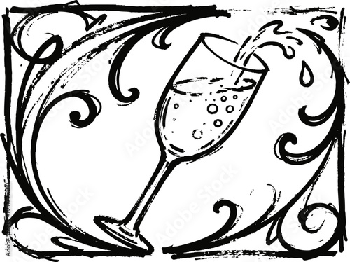 Elegant wine glass with splashing drink and decorative swirling frame in black and white