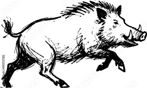 Running wild boar illustration black and white sketch of a boar in motion with detailed fur and tusks