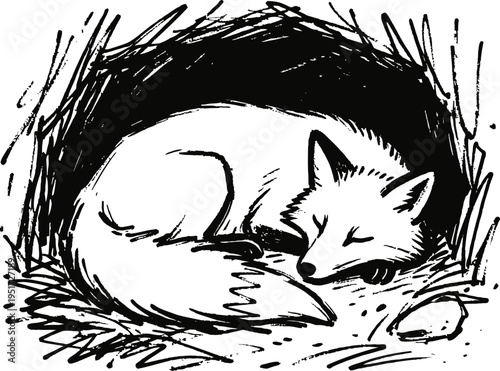 Sleeping fox curled up in den, resting wild animal illustration with cozy natural shelter