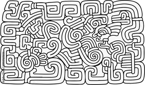 Ornate black and white line art featuring a complex, abstract mythological creature