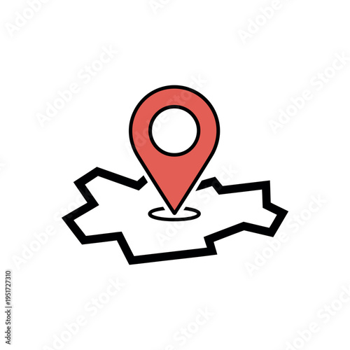 A red map pin icon on a white background with black lines