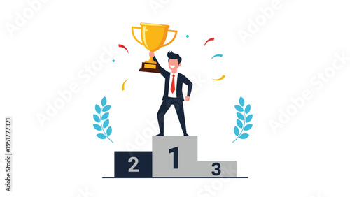 Happy businessman standing on a number one winner podium holding up a golden trophy cup with confetti and laurel.