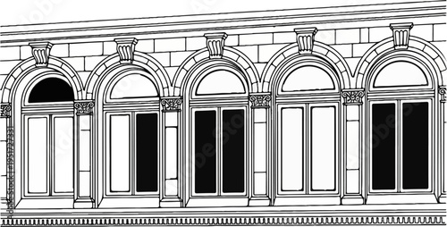 Ornate architectural facade with arched windows and decorative stone details