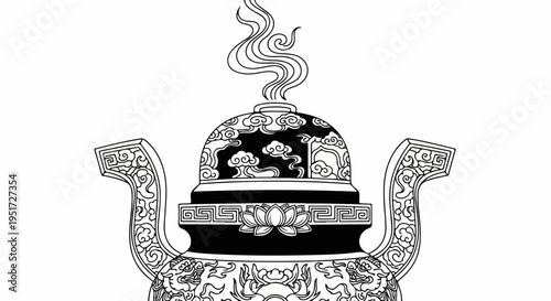 Ornate ancient vessel with dragon carvings, lotus bloom, and flowing smoke