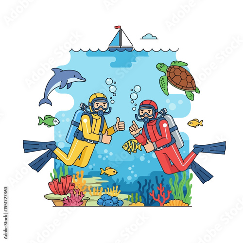 Scuba divers exploring coral reef with dolphin, turtle, and fish
