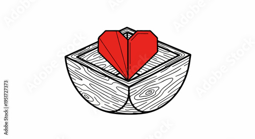 Origami red heart emerges from stylized wooden crate