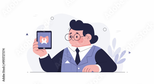 Person in glasses holding a tablet showing a tooth icon