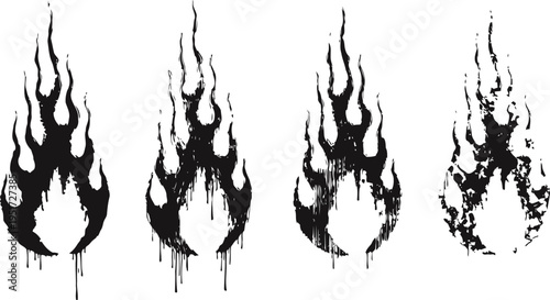 Set of four black flame silhouettes with dripping paint effect, grunge fire icons for design