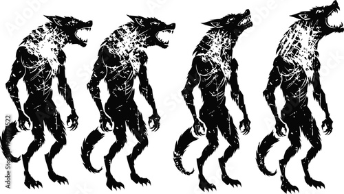 Four werewolf silhouette illustrations howling monster creature in different poses dark horror mythical beasts