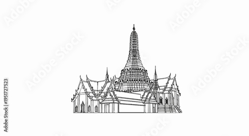 Ornate spired structure with detailed roofing, rendered in a sketch style