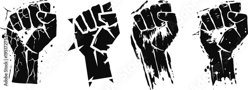 Raised fist silhouettes in grunge power, resistance, protest, strength, unity symbols