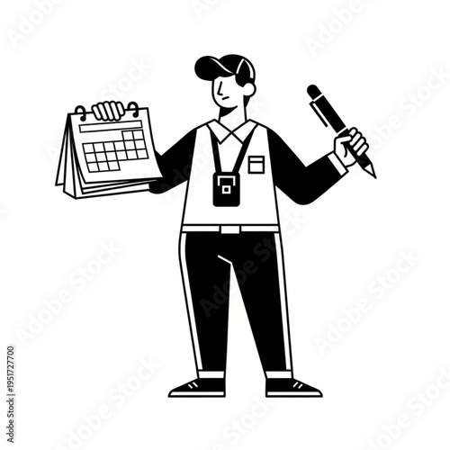 Man in Uniform Planning with Calendar and Pen Illustration.